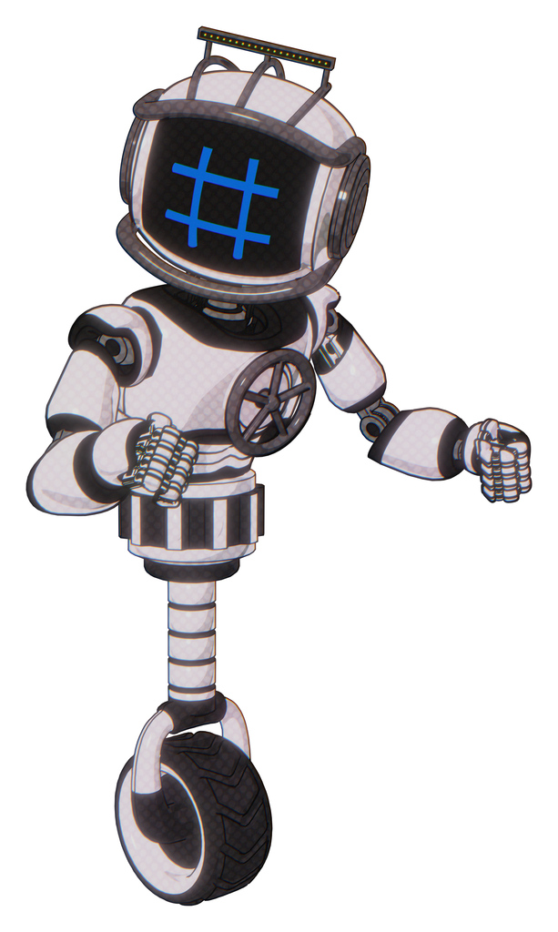 Bot containing digital display head and hashtag face and led and protection bars and light chest exoshielding and chest valve crank and unicycle wheel. White halftone toon. Fight or defense pose..