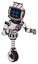 Bot containing digital display head and hashtag face and led and protection bars and light chest exoshielding and chest valve crank and unicycle wheel. White halftone toon. Fight or defense pose..