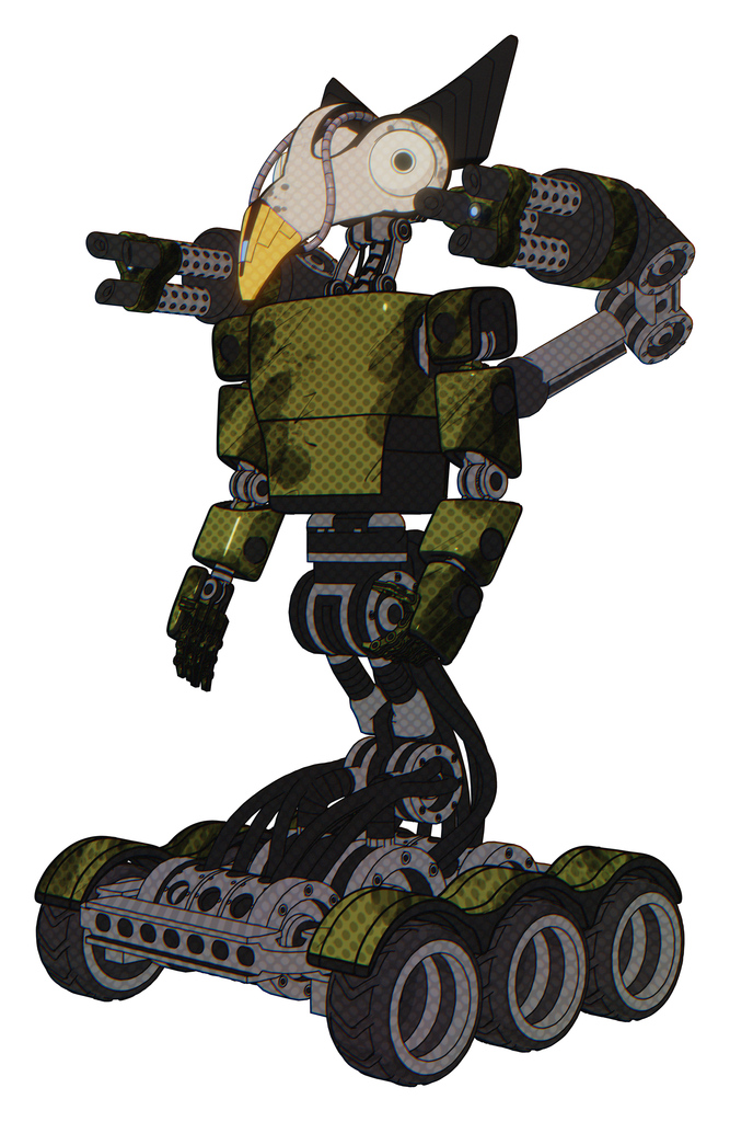 Automaton containing bird skull head and bone skull eye holes and robobeak design and light chest exoshielding and prototype exoplate chest and minigun back assembly and six-wheeler base.