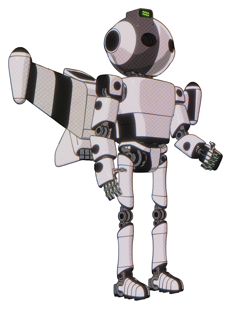 Robot containing oval wide head and green led ornament and light chest exoshielding and prototype exoplate chest and stellar jet wing rocket pack and ultralight foot exosuit. White halftone toon.