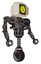 Droid containing old computer monitor and yellow sad pixel face and red buttons and heavy upper chest and no chest plating and unicycle wheel. Light pink beige. Facing left view.