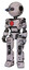 Mech containing oval wide head and telescopic steampunk eyes and light chest exoshielding and red chest button and prototype exoplate legs. Grunge sketch dots. Standing looking right restful pose.