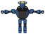 Bot containing flat elongated skull head and yellow eyeball array and heavy upper chest and chest vents and prototype exoplate legs. Blue halftone. T-pose.
