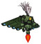 Droid containing humanoid face mask and war paint and light chest exoshielding and yellow star and cherub wings design and jet propulsion. Grunge grass green. Facing left view.