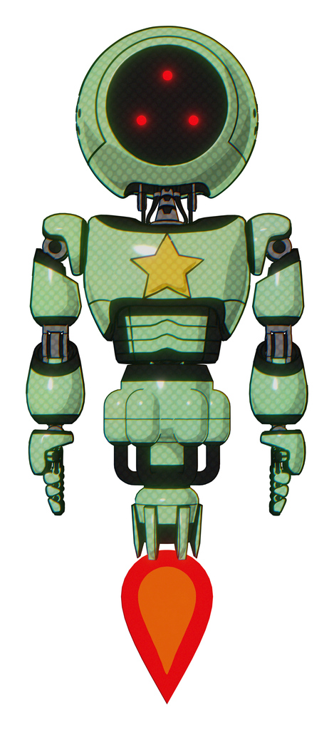Mech containing three led eyes round head and light chest exoshielding and yellow star and jet propulsion. Green tint toon. Front view.