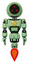 Mech containing three led eyes round head and light chest exoshielding and yellow star and jet propulsion. Green tint toon. Front view.