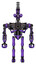 Robot containing dual retro camera head and wireless internet transmitter head and heavy upper chest and no chest plating and ultralight foot exosuit. Secondary purple halftone. Front view.