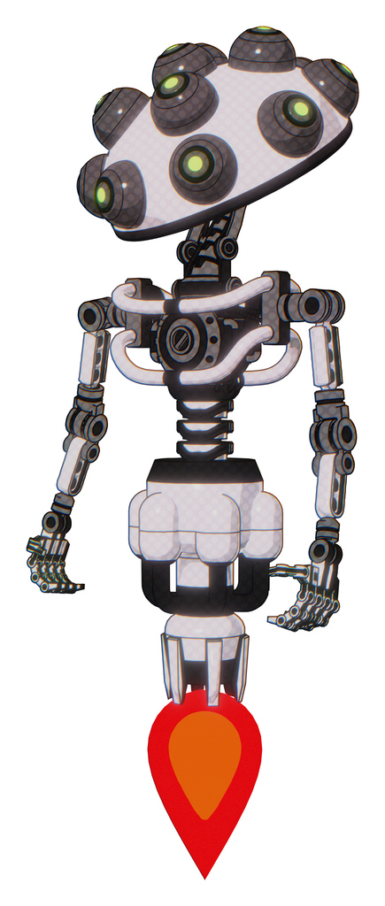 Automaton containing many robo-eye domehead design and light chest exoshielding and no chest plating and jet propulsion. White halftone toon. Standing looking right restful pose.