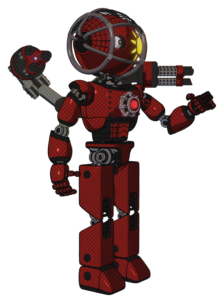 Mech containing oval wide head and sunshine patch eye and barbed wire cage helmet and light chest exoshielding and red energy core and minigun back assembly and prototype exoplate legs. Matted red.