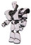 Automaton containing humanoid face mask and blood tears and heavy upper chest and heavy mech chest and light leg exoshielding. White halftone toon. Facing right view.