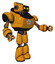 Bot containing dual retro camera head and retro tech device head and heavy upper chest and circle of blue leds and light leg exoshielding. Primary yellow halftone. Interacting.