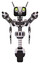 Robot containing dual retro camera head and cyborg antenna head and light chest exoshielding and minigun back assembly and no chest plating and unicycle wheel. White halftone toon. Front view.