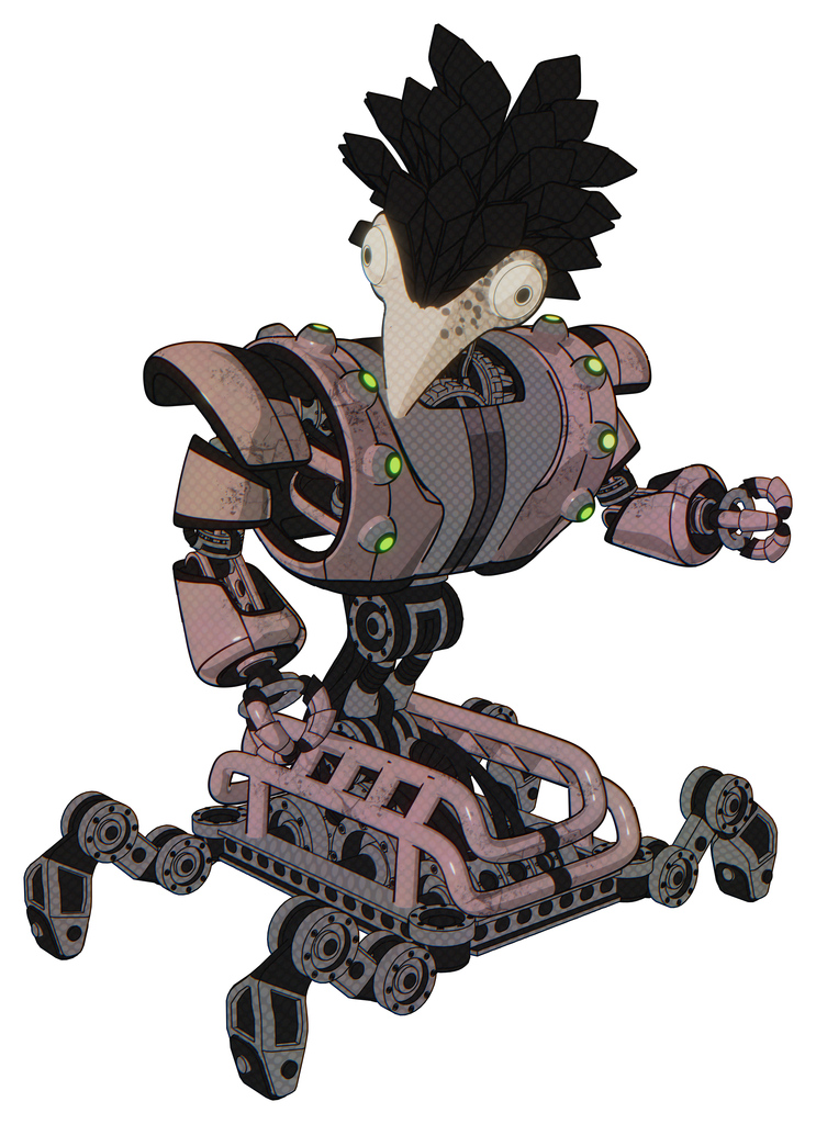 Bot containing bird skull head and bone skull eye holes and crow feather design and heavy upper chest and heavy mech chest and green cable sockets array and insect walker legs. Powder pink metal.