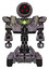 Automaton containing three led eyes round head and heavy upper chest and heavy mech chest and green energy core and six-wheeler base. Dark sketchy. Front view.