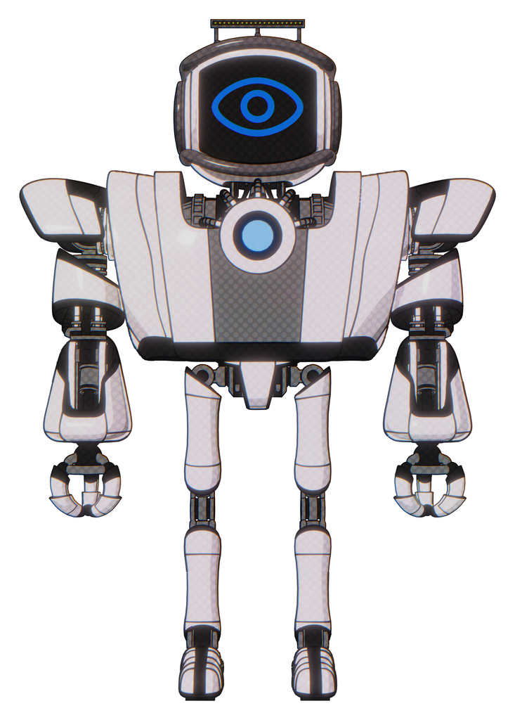 Robot containing digital display head and large eye and led and protection bars and heavy upper chest and heavy mech chest and blue energy fission element chest and ultralight foot exosuit.