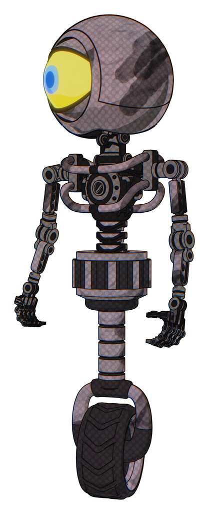 Automaton containing giant eyeball head design and light chest exoshielding and no chest plating and unicycle wheel. Sketch pad wet ink smudge. Standing looking right restful pose.