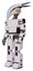 Mech containing bird skull head and white eyeballs and head shield design and light chest exoshielding and prototype exoplate chest and prototype exoplate legs. White halftone toon. Facing right view.