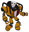 Droid containing humanoid face mask and skeleton war paint and heavy upper chest and red shield defense design and light leg exoshielding and spike foot mod. Worn construction yellow.