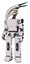 Mech containing bird skull head and white eyeballs and head shield design and light chest exoshielding and prototype exoplate chest and prototype exoplate legs. White halftone toon.