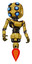 Droid containing round head and six eye array and bug eyes and light chest exoshielding and ultralight chest exosuit and jet propulsion. Construction yellow halftone. Hero pose.