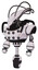 Droid containing flat elongated skull head and cables and heavy upper chest and chest energy sockets and unicycle wheel. White halftone toon. Standing looking right restful pose.
