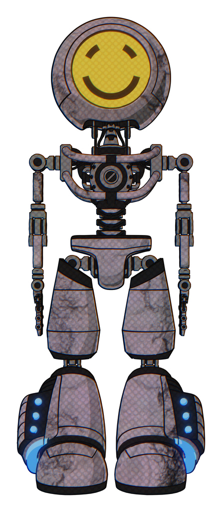 Droid containing round head yellow happy face and light chest exoshielding and no chest plating and light leg exoshielding and megneto-hovers foot mod. Dark dirty scrawl sketch. Front view.
