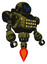 Robot containing digital display head and woo expression and heavy upper chest and colored lights array and jet propulsion. Grunge army green. Facing left view.