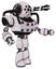 Droid containing round head and bug eye array and heavy upper chest and chest energy sockets and light leg exoshielding. White halftone toon. Interacting.