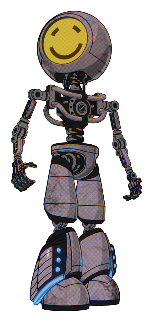 Droid containing round head yellow happy face and light chest exoshielding and no chest plating and light leg exoshielding and megneto-hovers foot mod. Dark dirty scrawl sketch. Hero pose.