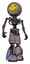 Droid containing round head yellow happy face and light chest exoshielding and no chest plating and light leg exoshielding and megneto-hovers foot mod. Dark dirty scrawl sketch. Hero pose.