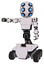 Robot containing round head and six eye array and bug eyes and light chest exoshielding and prototype exoplate chest and six-wheeler base. White halftone toon. Arm out holding invisible object..