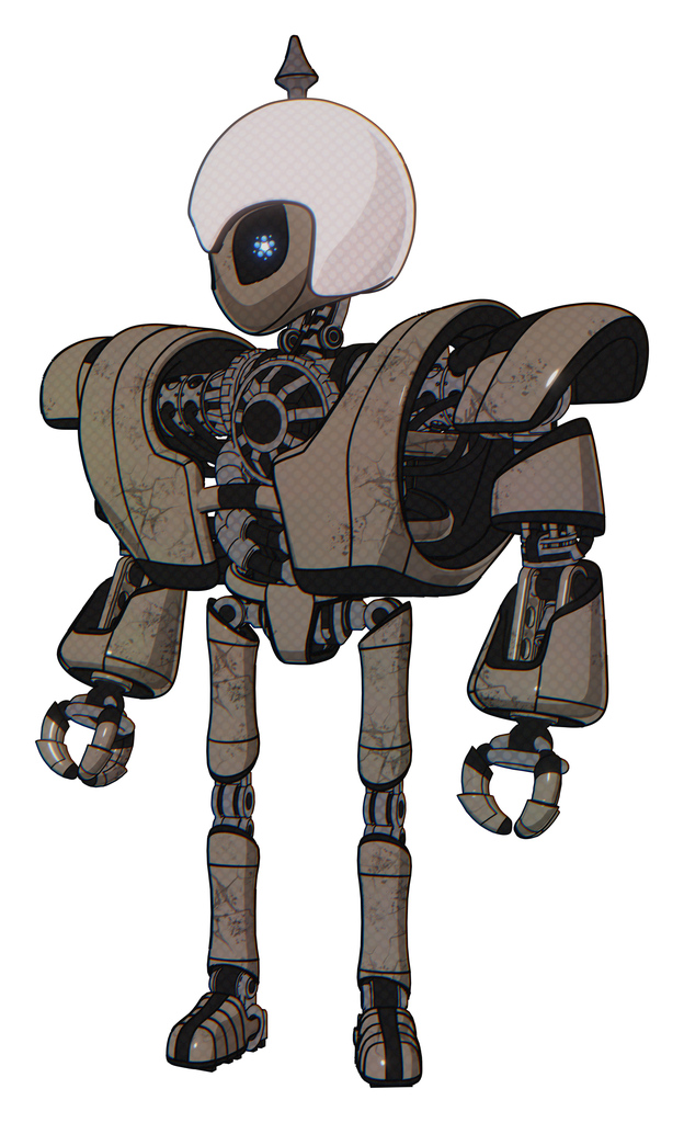 Droid containing grey alien style head and electric eyes and helmet and heavy upper chest and heavy mech chest and ultralight foot exosuit. Patent khaki metal. Standing looking right restful pose.