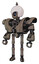 Droid containing grey alien style head and electric eyes and helmet and heavy upper chest and heavy mech chest and ultralight foot exosuit. Patent khaki metal. Standing looking right restful pose.