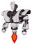 Mech containing humanoid face mask and spiral design and heavy upper chest and heavy mech chest and jet propulsion. White halftone toon. Standing looking right restful pose.