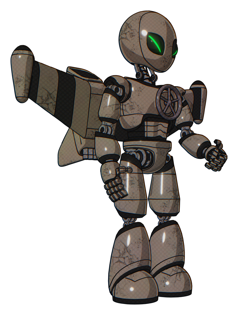 Robot containing grey alien style head and green demon eyes and light chest exoshielding and chest valve crank and stellar jet wing rocket pack and light leg exoshielding. Patent khaki metal.