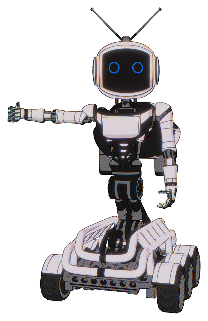 Mech containing digital display head and circle eyes and retro antennas and light chest exoshielding and ultralight chest exosuit and rocket pack and six-wheeler base. White halftone toon.