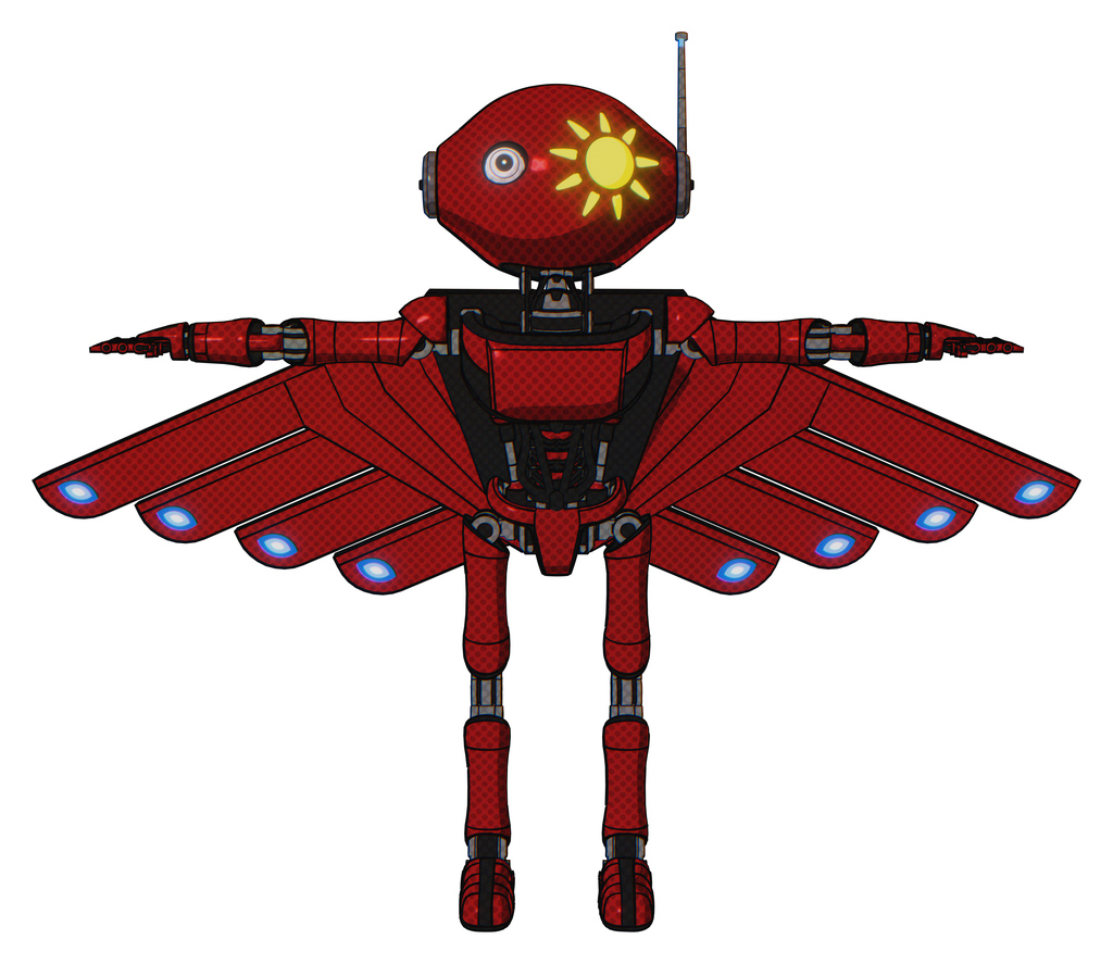 Mech containing oval wide head and sunshine patch eye and retro antenna with light and light chest exoshielding and ultralight chest exosuit and cherub wings design and ultralight foot exosuit.