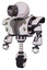 Cyborg containing cable connector head and heavy upper chest and heavy mech chest and green cable sockets array and unicycle wheel. White halftone toon. Standing looking right restful pose.