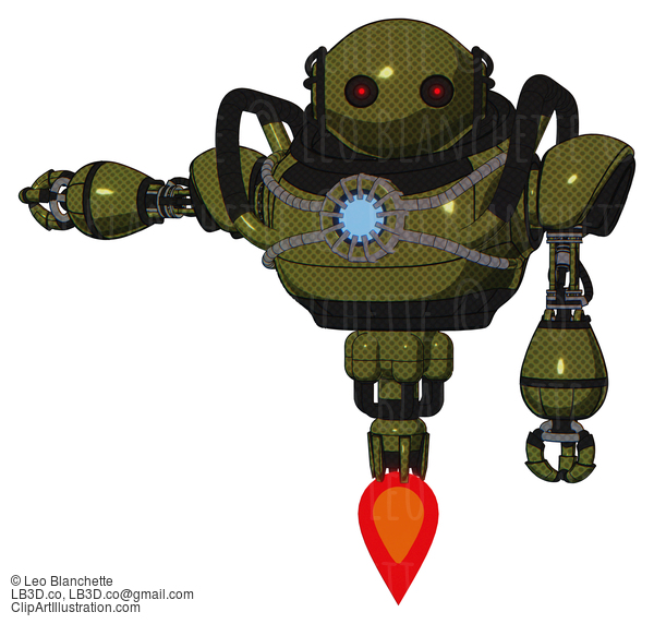 Android Containing Oval Wide Head And Small Red Led Eyes And Heavy Upper Chest And Chest Blue Energy Core And Jet Propulsion. Army Green Halftone. Arm Out Holding Invisible Object.. #18115