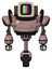 Automaton containing old computer monitor and please stand by pixel design and old retro speakers and heavy upper chest and unicycle wheel. Powder pink metal. Front view.