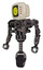 Droid containing old computer monitor and yellow sad pixel face and red buttons and heavy upper chest and no chest plating and unicycle wheel. Light pink beige. Standing looking right restful pose.
