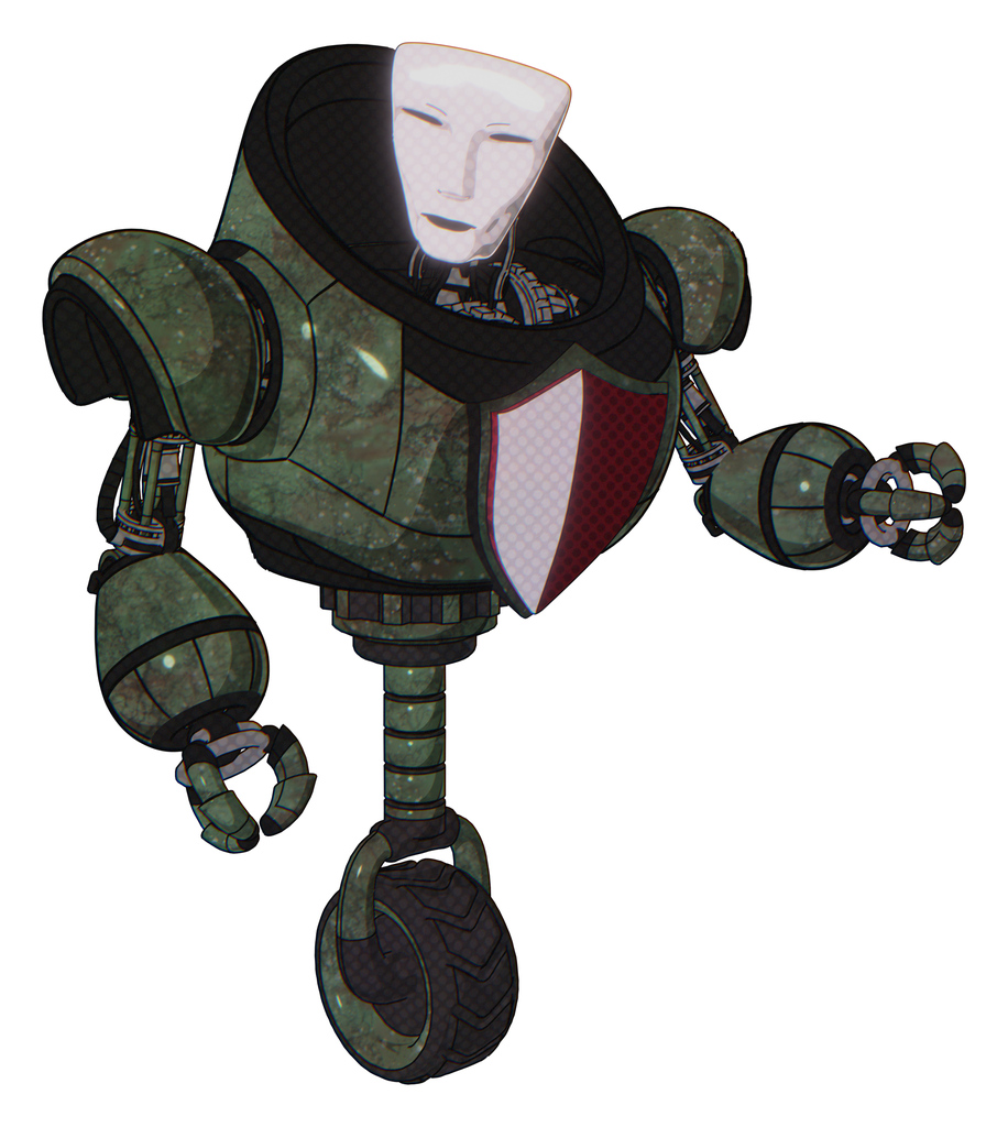 Automaton containing humanoid face mask and heavy upper chest and red shield defense design and unicycle wheel. Old corroded copper. Fight or defense pose..