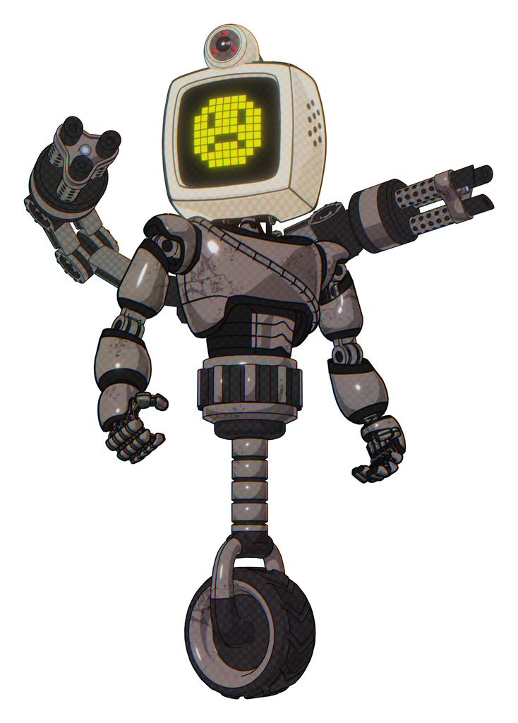 Automaton containing old computer monitor and yellow sad pixel face and retro-futuristic webcam and light chest exoshielding and cable sash and minigun back assembly and unicycle wheel.