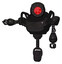 Droid containing round head and red laser crystal array and heavy upper chest and unicycle wheel. Dirty black. Arm out holding invisible object..