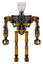 Droid containing humanoid face mask and heavy upper chest and no chest plating and ultralight foot exosuit. Worn construction yellow. Front view.