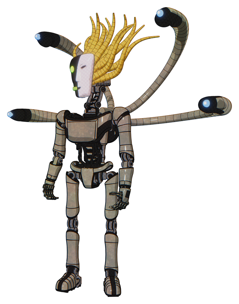 Robot containing humanoid face mask and two-face black white mask and light chest exoshielding and ultralight chest exosuit and blue-eye cam cable tentacles and ultralight foot exosuit.