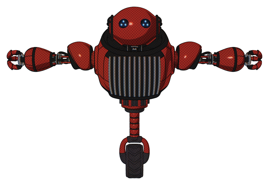 Bot containing oval wide head and blue led eyes and heavy upper chest and chest vents and unicycle wheel. Cherry tomato red. T-pose.
