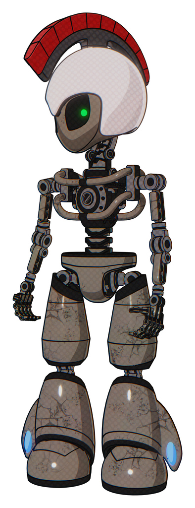 Mech containing grey alien style head and green inset eyes and galea roman soldier ornament and helmet and light chest exoshielding and no chest plating and light leg exoshielding. Patent khaki metal.