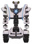 Mech containing dual retro camera head and simple blue telescopic eye head and heavy upper chest and heavy mech chest and spectrum fusion core chest and tank tracks. White halftone toon. Front view.