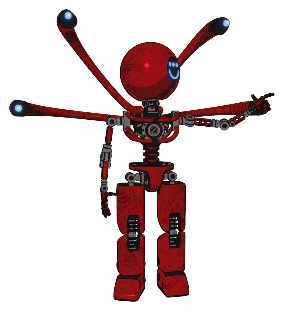 Robot containing dual retro camera head and happy three-eyed round head and light chest exoshielding and blue-eye cam cable tentacles and no chest plating and prototype exoplate legs.